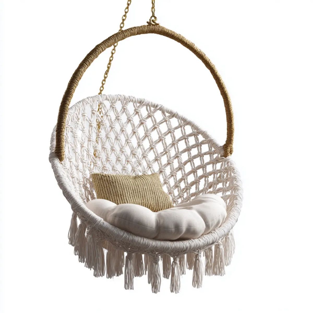 Bawełniany fotel wiszący boho kremowo-beżowy 80 x 120 cm z poduszkami