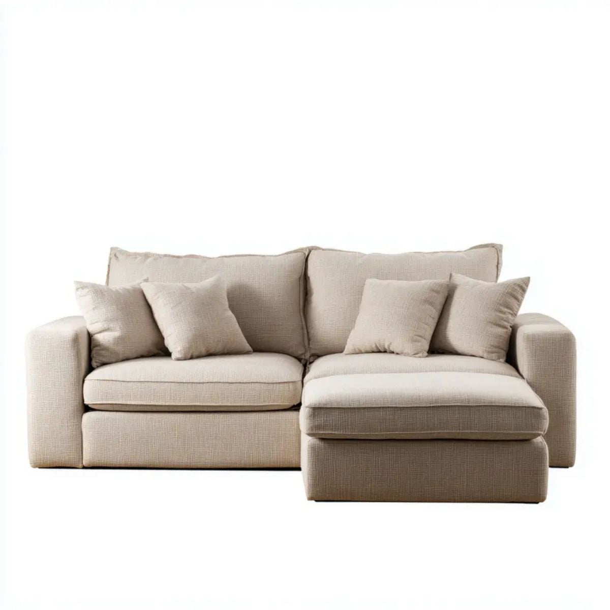 Beżowa sofa narożna z szezlongiem po prawej stronie, tapicerka poliestrowa, 250 × 160 × 85 cm